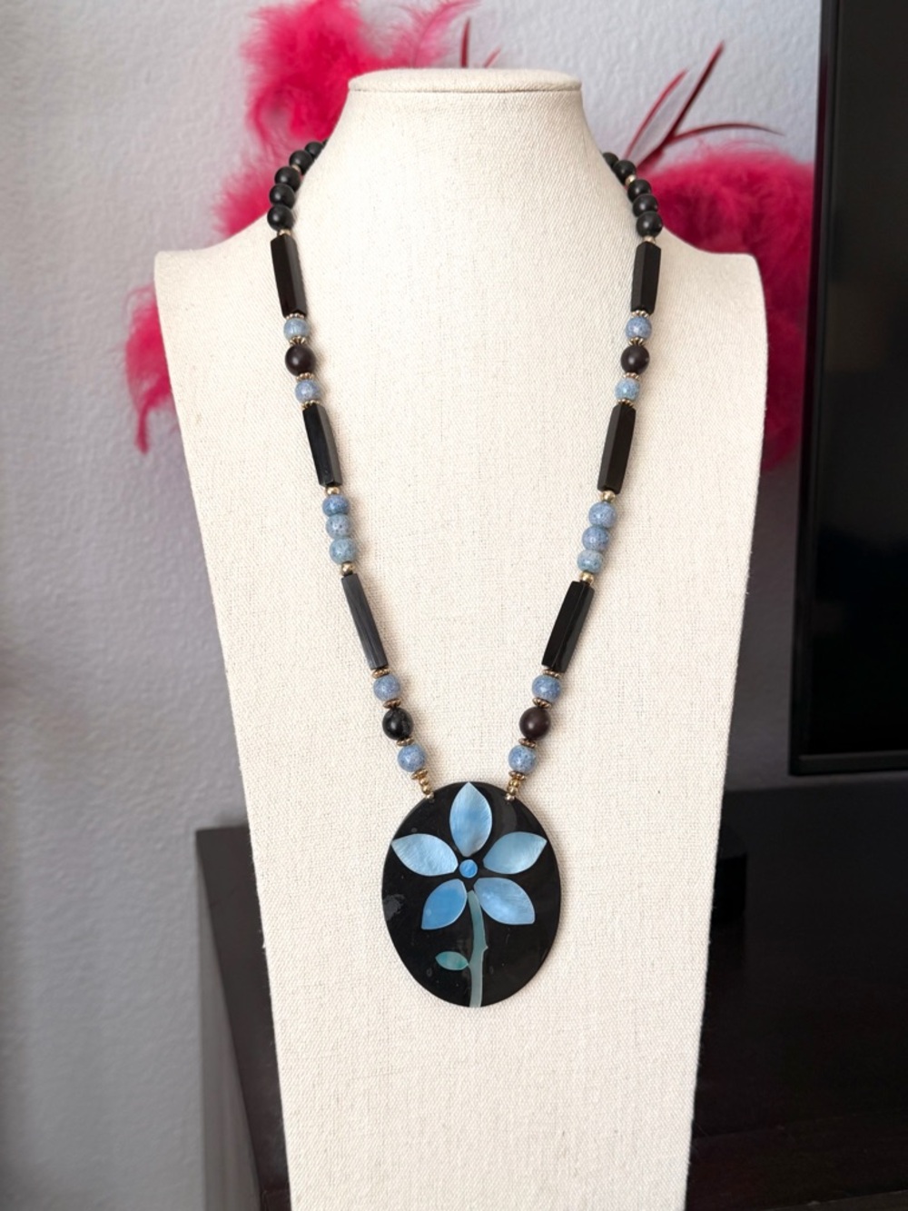 Artisan Black & Blue Floral Pendant Necklace